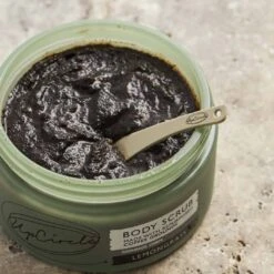 Coffee Body Scrub With Lemongrass -Beauty Essence Shop BodyScrubLemongrassFlatlaywithLargeScoop